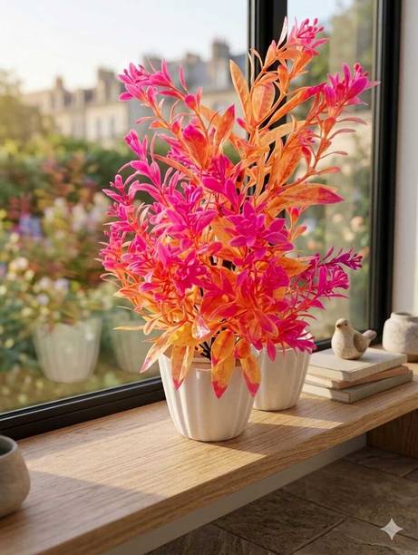 Kismis Enterrpises 3326 Pink, Yellow Cherry Artificial Flower  with Pot