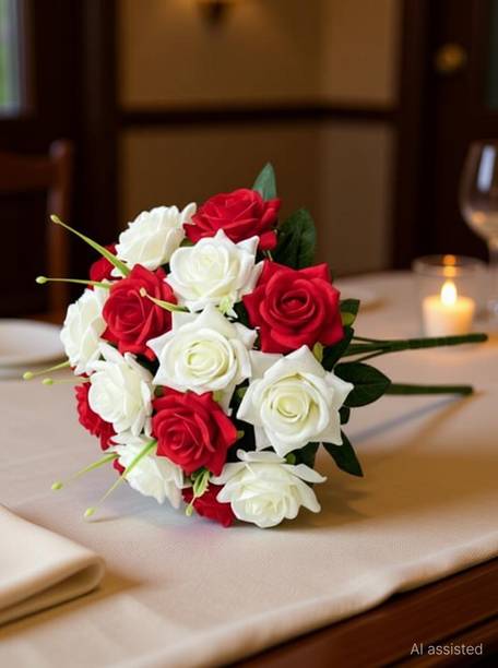 PREMA SHINE Artificial Rose Flower Bunch (7 Head) | Artificial White & Red Rose Flower Bunch Red, White Rose Artificial Flower