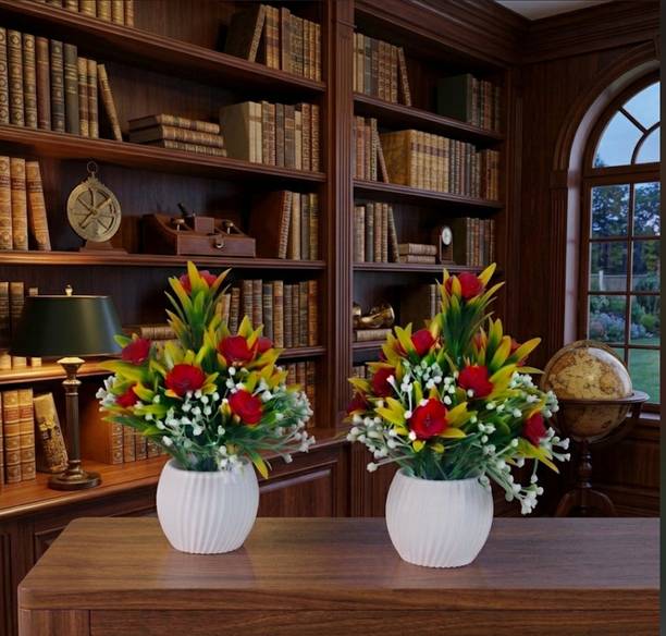 Ankit Aesthetic Mini Flower Pots Red, Green Wild Flower Artificial Flower  with Pot