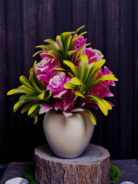 oms Artificial Rose Flower Pot Apple Shaped for Your Home Decoration Pink, Clear Rose Artificial Flower  with Pot
