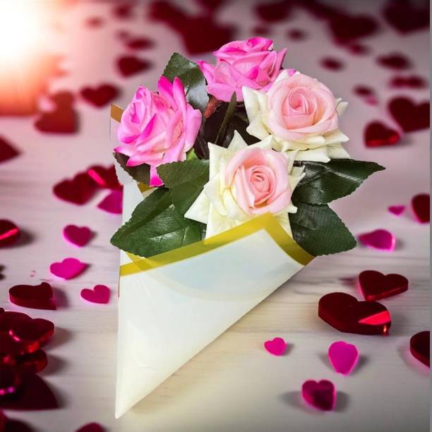 Akaar Akaar Decor's Artificial Pink & White Roses | Valentine's Day | Anniversary Gift Pink, White Rose Artificial Flower