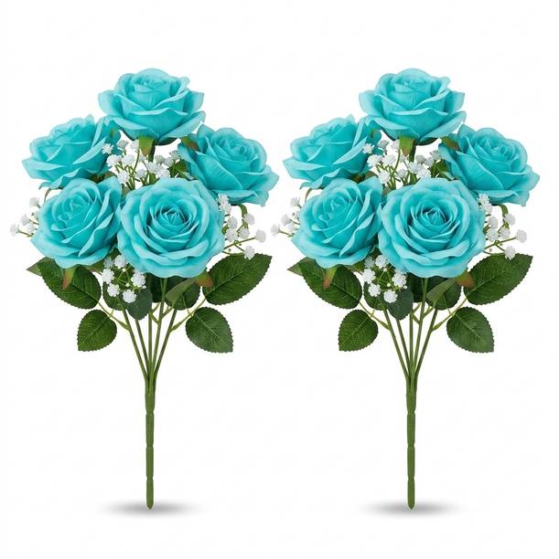 StyleVase Premium Teal Artificial Rose Bouquet with Vase Set of 2 Flowers for Home Green Pear Blossom Artificial Flower
