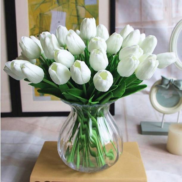 Satyam Kraft 10 Pcs Artificial Rubber Tulip Rose Flower Sticks for Home Decoration and Craft White Tulips Artificial Flower