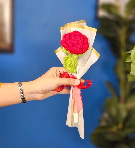 prajna 1 Pcs Crochet Rose Flower Bouquet for Gifting,Him/Her,Valentine,Welcome,Wedding Maroon Rose Artificial Flower