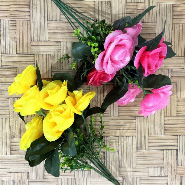 Asharya Artificial Flower Bunch Pink And Yellow Roses Bunch For Home Décor Table Decor Pink, Yellow Rose Artificial Flower