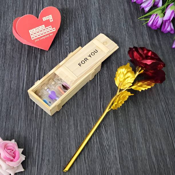 LoveGift Red Rose with Wooden Message Pills Box & Love Card | Rose Gift | Love Gift Set Red Rose Artificial Flower