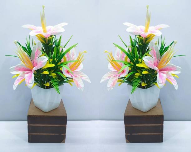 NERAPI Light Pink Faux Bonsai Lily Wild Flower Plant Perfect for Decor | Pink Lily Artificial Flower  with Pot