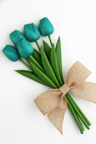 गलकसीगलो 5 Pcs Teal Turquoise Tulips – Festive, Home & Table Decor (No Vase, Flowers) नीला ट्यूलिप नक़ली फूल