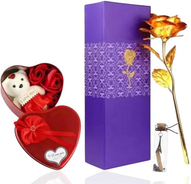 LoveGift Golden Rose with Heart Shaped Box for Special Gift Set Gold Rose Artificial Flower