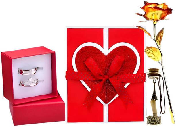 LoveGift Golden Rose Gift Set with Couple Rings, Message Pills & Love Card Gold Rose Artificial Flower