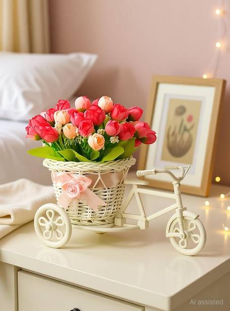 Dreem Artificial Peony Bunches Flower Basket with Decorative Tricycle Planter Multicolor Peony Artificial Flower  with Pot