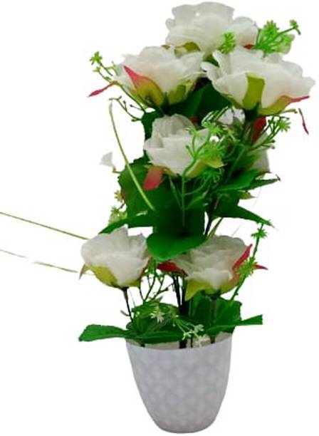MiiArt Artificial white rose and green Leaf Flower Plant in Pot White Rose Artificial Flower  with Pot