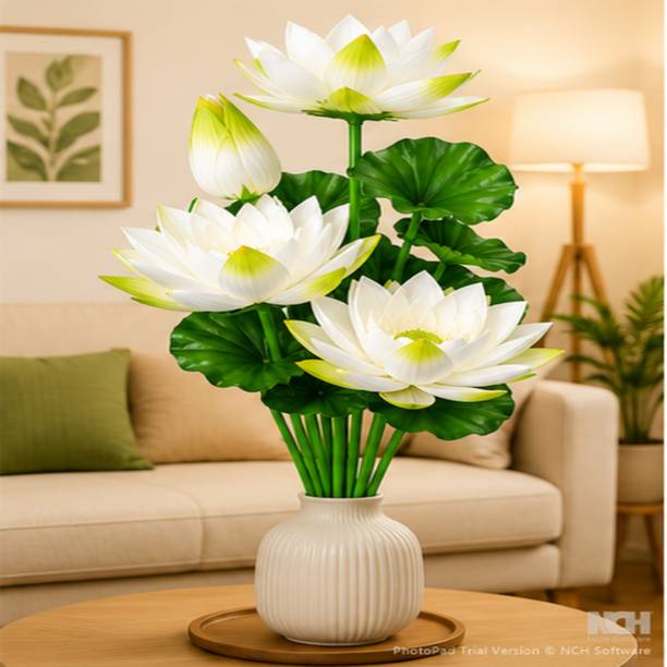 Florivya Premium Artificial Lotus Flower Bouquet ( Without Vase / Vase Not Include) White Lotus Artificial Flower