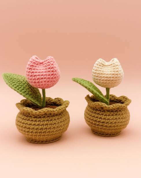 Loveandloopby MK Brown, Gold, Pink, White, Green Tulips Artificial Flower  with Pot