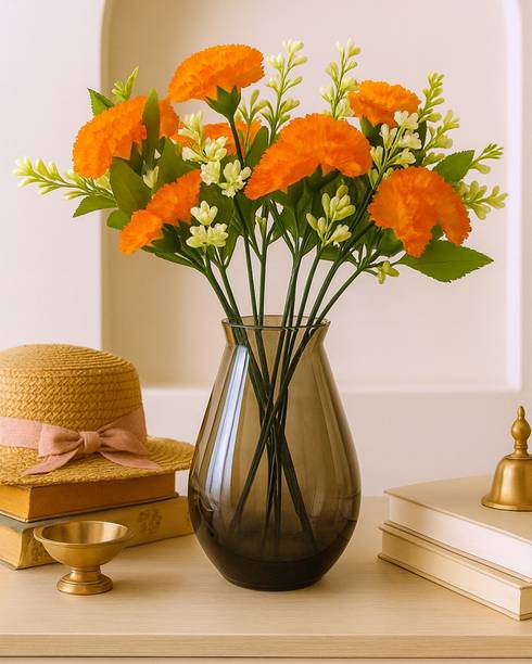 Glowhere Artificial Carnation Flowers with Greenery, Faux Floral Bouquet for Home Decor Orange Carnations Artificial Flower