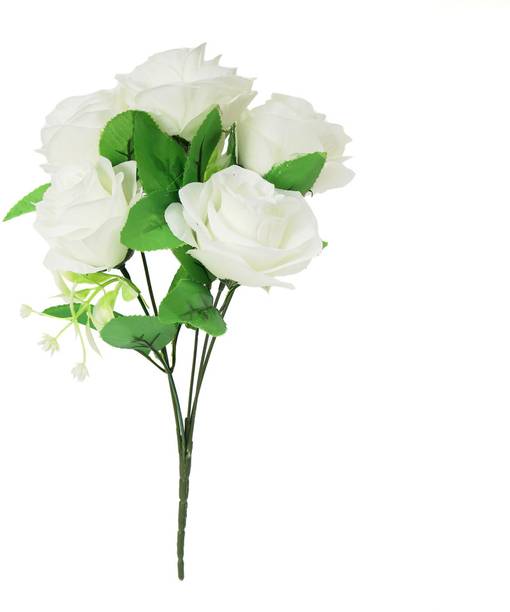 DULI Artificial flower for Home Decoration 5 White Rose Plant Bunch White Rose Artificial Flower