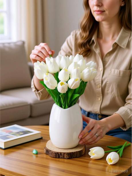 Vartikahub 5Pcs Artificial Real Touch Tulips for home, office wedding decoration White Tulips Artificial Flower