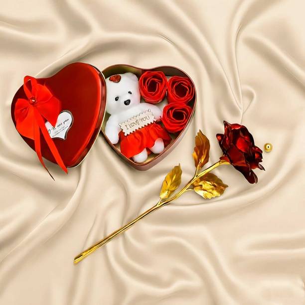 LoveGift Red Golden Rose with Heart Shape Gift Box | Love Gift Set Red Rose Artificial Flower