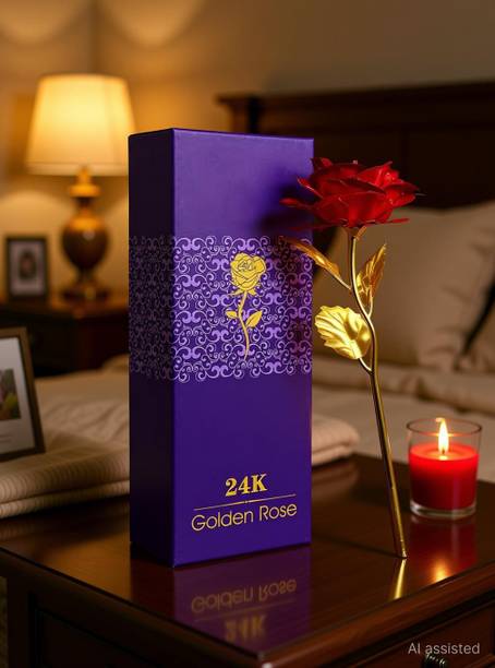 Bogenlite Red Rose Flower with Golden Leaf with Gift Box Red Rose Artificial Flower