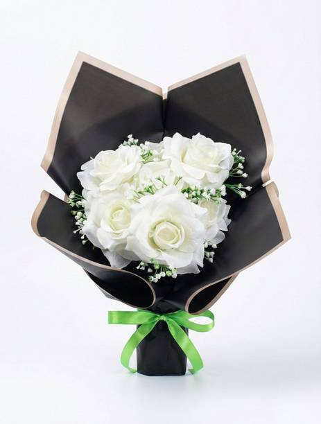 Easybouquet Artificial Bouquet White Rose Flower with Premium Black Wrap & Green Ribbon White Rose Artificial Flower with Pot