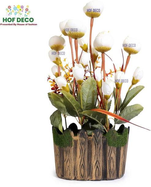 HOF DECO White Rose Artificial Flower with Pot (30 cm, Pack of 1) White Rose Artificial Flower  with Pot