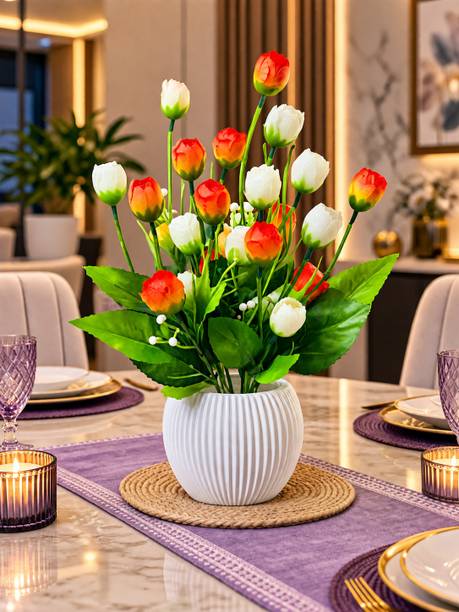KIVO Elegant Bloom Artificial Flower Arrangement with White Ribbed Pot Multicolor Tulips Artificial Flower with Pot