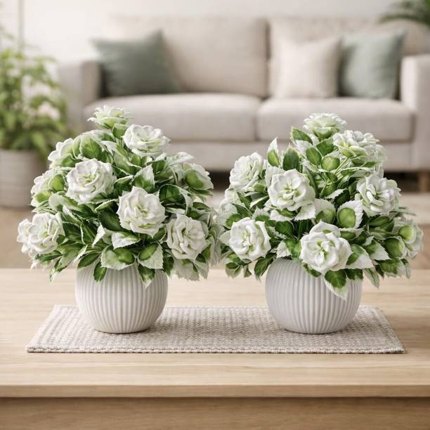 Heera Store Decorative Artificial White Rose Flower Arrangement with Ribbed Pot, 8 Inch White Rose Artificial Flower with Pot
