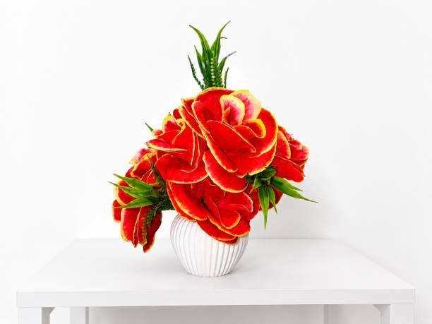BhuDeco Artificial Red Rose Flower Red, Yellow, Green Rose, Camellia Rose Artificial Flower  with Pot