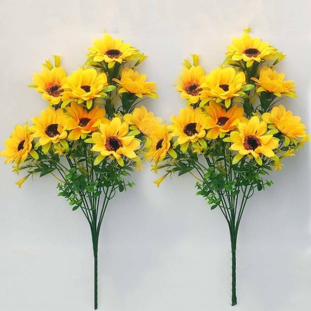 Siddhivinayak Home Decoration Yellow Sunflower Artificial Flower (15 inch, Pack of 2 Yellow Sunflower Artificial Flower