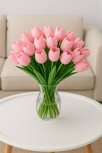 Ikko Tulip Bunch for Vase & Home Decorations, Lily For Living Room Corner Table Pink Tulips Artificial Flower