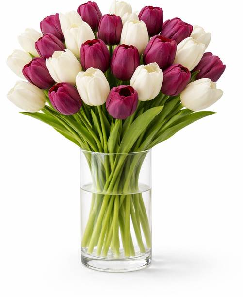 GREEN BAGEECHA Burgundy White Tulips Bunch - Realistic Faux Flowers for Vase & Table Decoration Maroon, White Tulips Artificial Flower