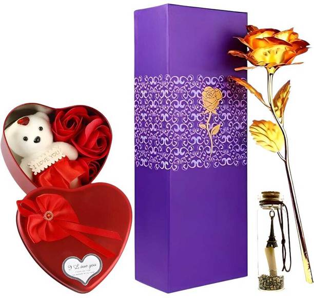 LoveGift Golden Rose with Heart Box & Message Pills || Rose Love Gift Set Gold Rose Artificial Flower