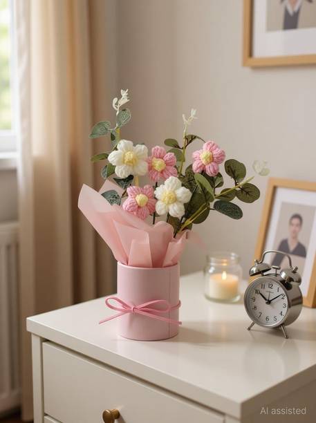 MPROW 1 Pcs Artificial Daisy Crochet Flower Bouquet with Pot | Home Decor,Table,Gift Pink Daisy Artificial Flower  with Pot