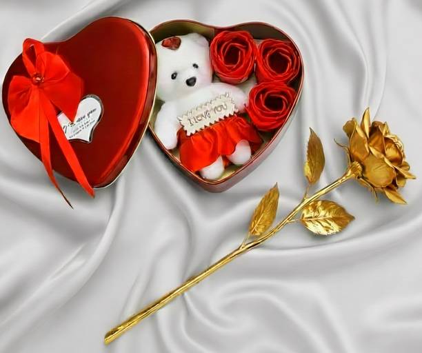 LoveGift Golden Rose with Soft Toy Heart Gift Box Set Gold, Yellow Rose Artificial Flower