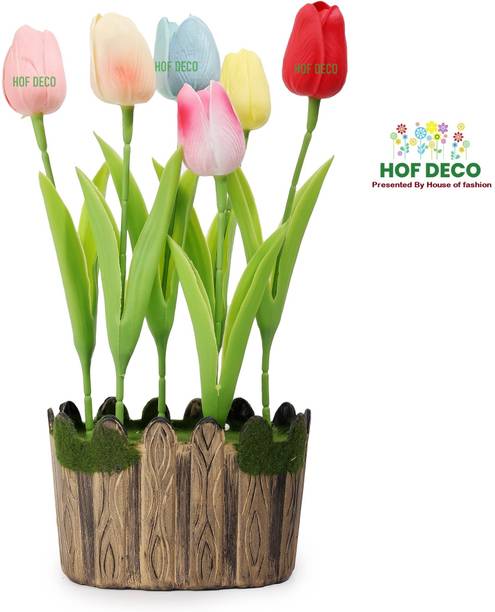 HOF DECO Multicolor Tulips Artificial Flower with Pot (35 cm, Pack of 1) Multicolor Tulips Artificial Flower  with Pot
