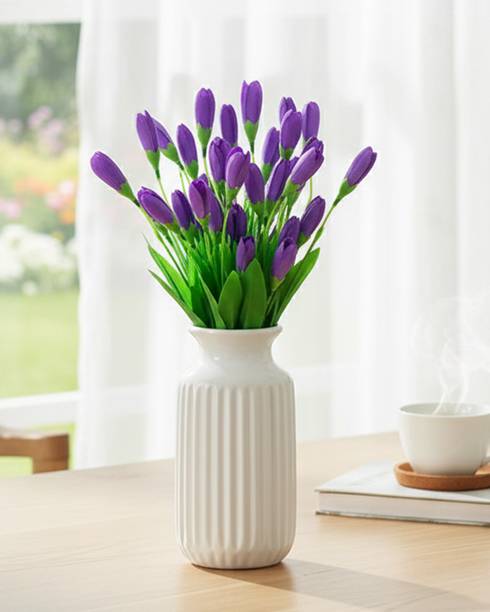 Glowhere Artificial Lavender Tulip Flowers Bunch, 15 Silk Tulips for Home Décor Purple Tulips Artificial Flower