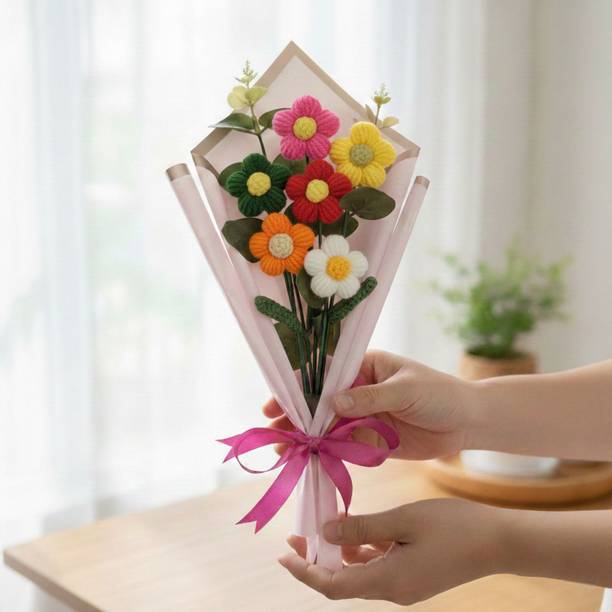 Brovion Art Crochet Daisy Bouquet Multicolor Handmade Artificial Flowers Decor Multicolor Daisy Artificial Flower