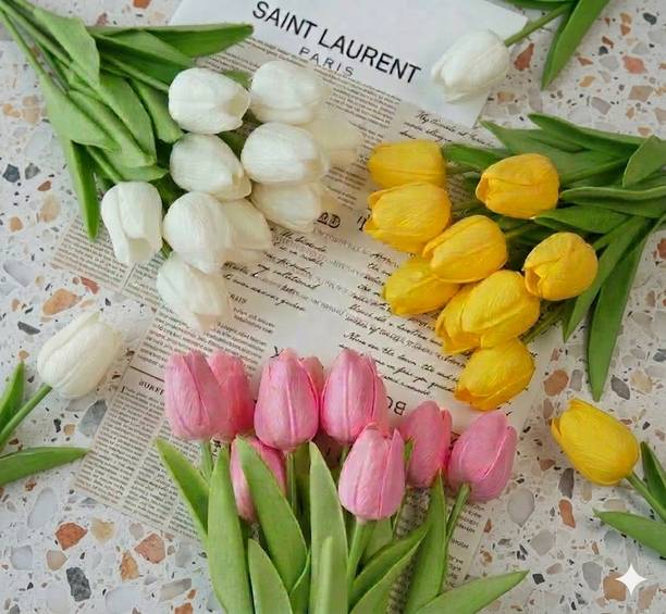 Yakshaa Traders 6 Pcs Artificial Tulip Flowers for Home Decor (2 Pink, 2 White, 2 Yellow) Multicolor Tulips Artificial Flower