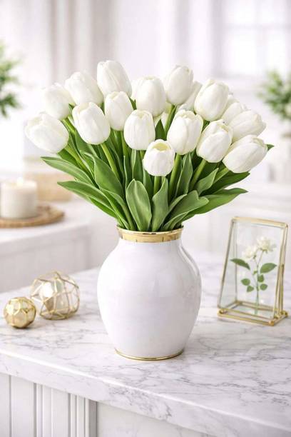 Saudeep India Pack of 50 Artificial White Tulip Flower Bunch 34cm Decor White Tulips Artificial Flower