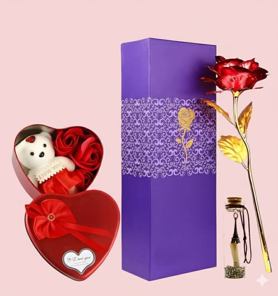 LoveGift Artificial Rose, Soft Toy & Message Bottle | Valentine Day Gift Red, Gold Rose Artificial Flower