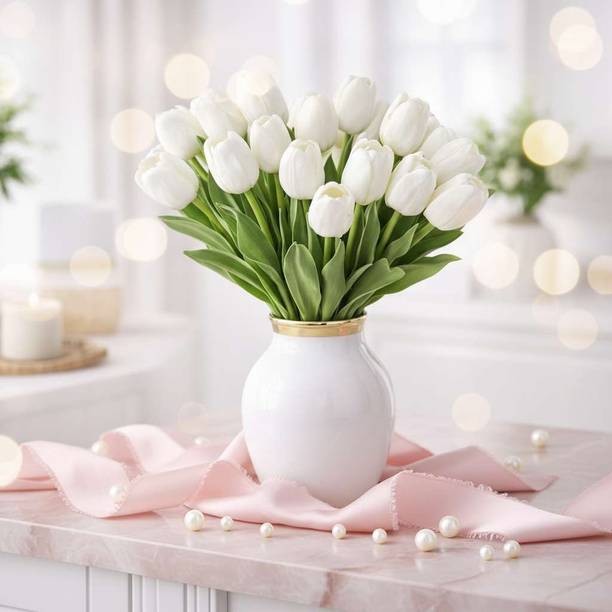 Saudeep India Pack of 50 Artificial White & Pink Tulip Flower Bunch Decor Multicolor Tulips Artificial Flower
