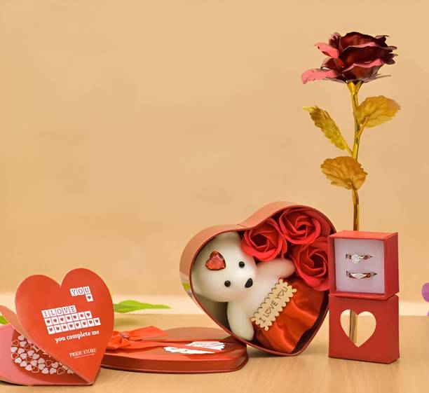 LoveGift Red Golden Rose Heart Shape Gift Box with Couple Rings & Love Card Red Rose Artificial Flower