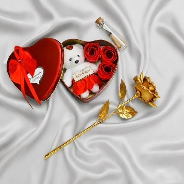 LoveGift Golden Rose Soft Toy Gift Box with Message Pills Gold Rose Artificial Flower
