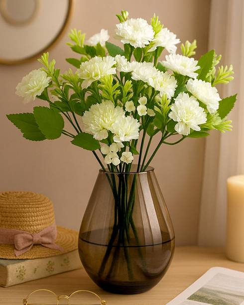 Glowhere Artificial Carnation Flowers with Greenery, Faux Floral Bouquet for Home Decor White Carnations Artificial Flower