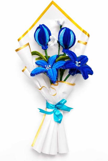 Sasha ES Handmade Blue Lily Tulip Flower Bouquet Gift for Anniversary & Home Decor Blue, Green, White Tulips Artificial Flower