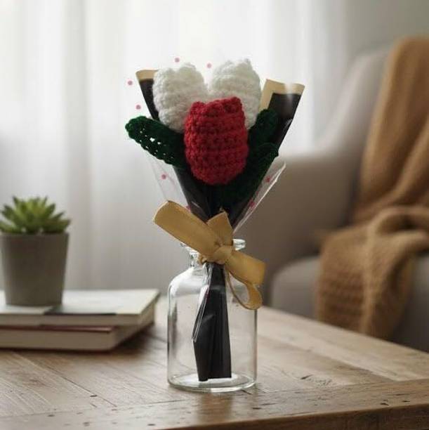 Rareity Aromatic Hand Crochet Tulip Bouquet- Soothing Aroma White Tulips Artificial Flower