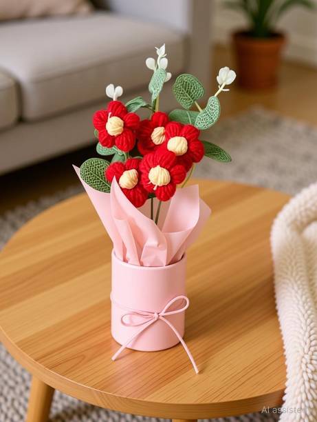 MPROW 1 Pcs Artificial Daisy Crochet Flower Bouquet with Pot | Home Decor,Table,Gift Red Daisy Artificial Flower  with Pot