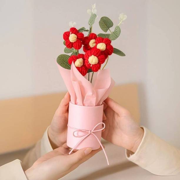 MPROW 1 Pcs Artificial Daisy Crochet Flower Bouquet with Pot | Home Decor,Table,Gift Red Daisy Artificial Flower  with Pot