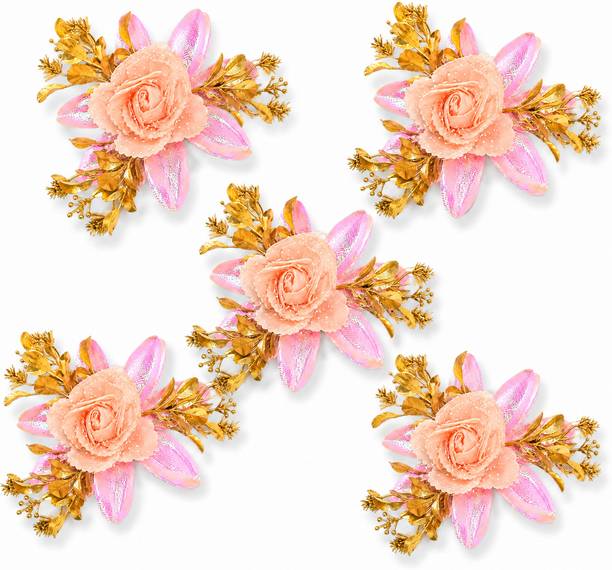 GUPTASTORE Peach Decorative Golden Leaf Rose Flower. Multicolor Rose Artificial Flower