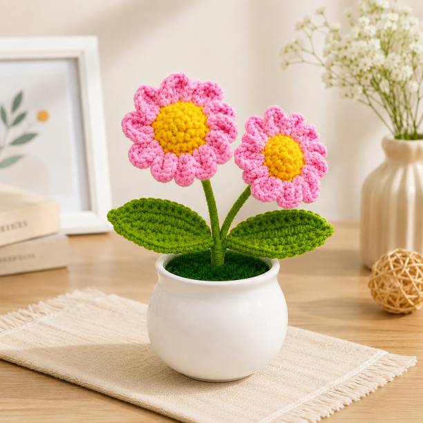 Curated Cart Handmade Crochet Tulip Flower Pot for Home Décor Pink Tulips Artificial Flower with Pot